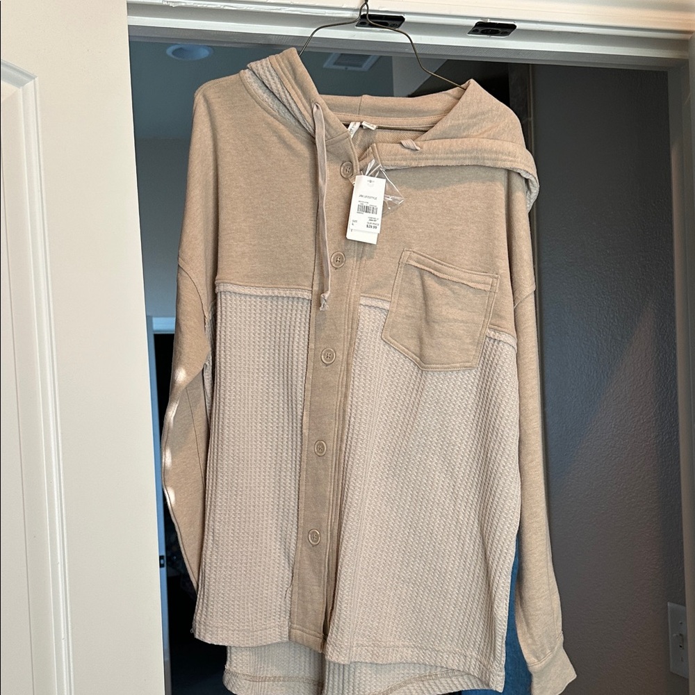 Cato Tan Button-Up Hoodie Sweatshirt
